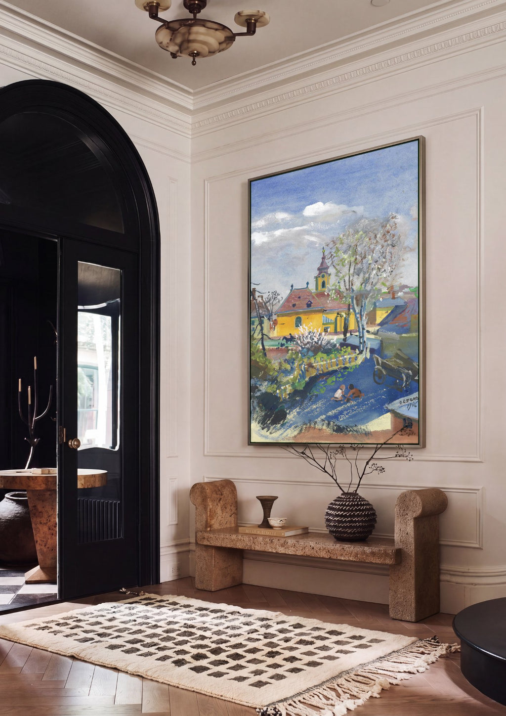 Quadro Decorativo 'Paisagem com Igreja e Crianças' - Oskar Laske em ambiente decorado