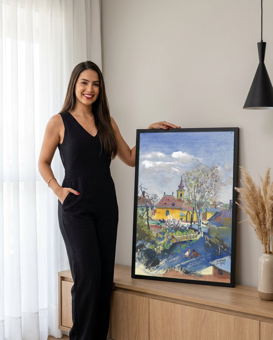 Quadro Decorativo 'Paisagem com Igreja e Crianças' - Oskar Laske com modelo em ambiente