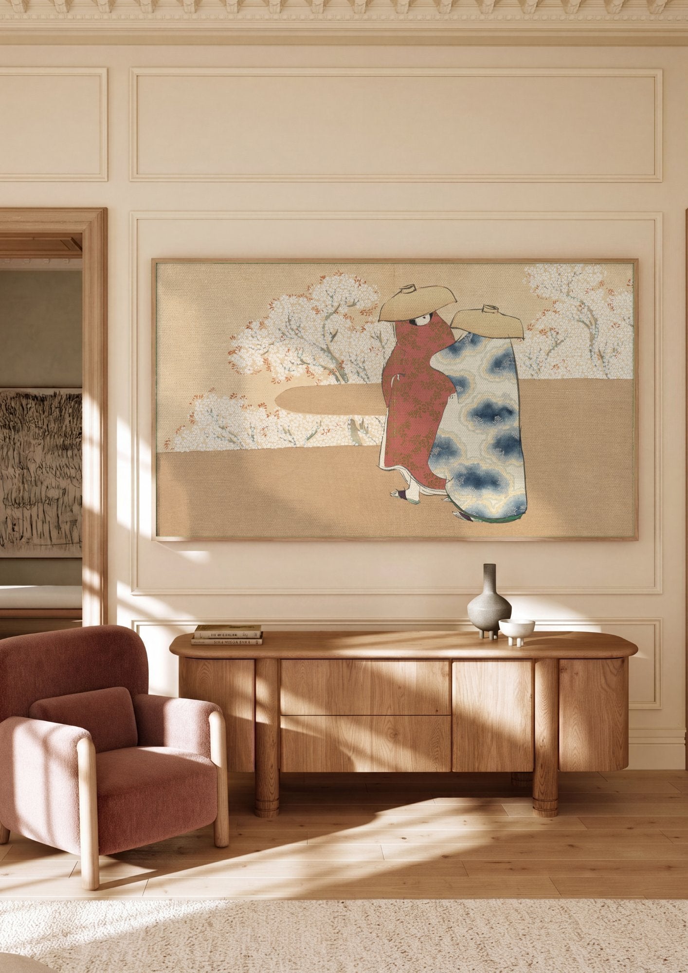 Quadro Decorativo Flores de Cerejeira e Figuras - Kamisaka Sekka em ambiente decorado