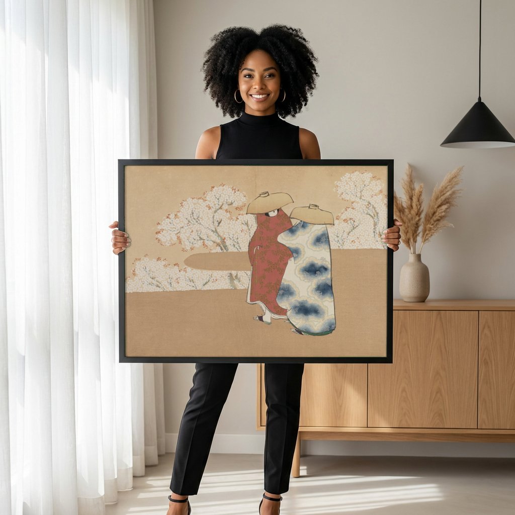Quadro Decorativo Flores de Cerejeira e Figuras - Kamisaka Sekka com modelo em ambiente