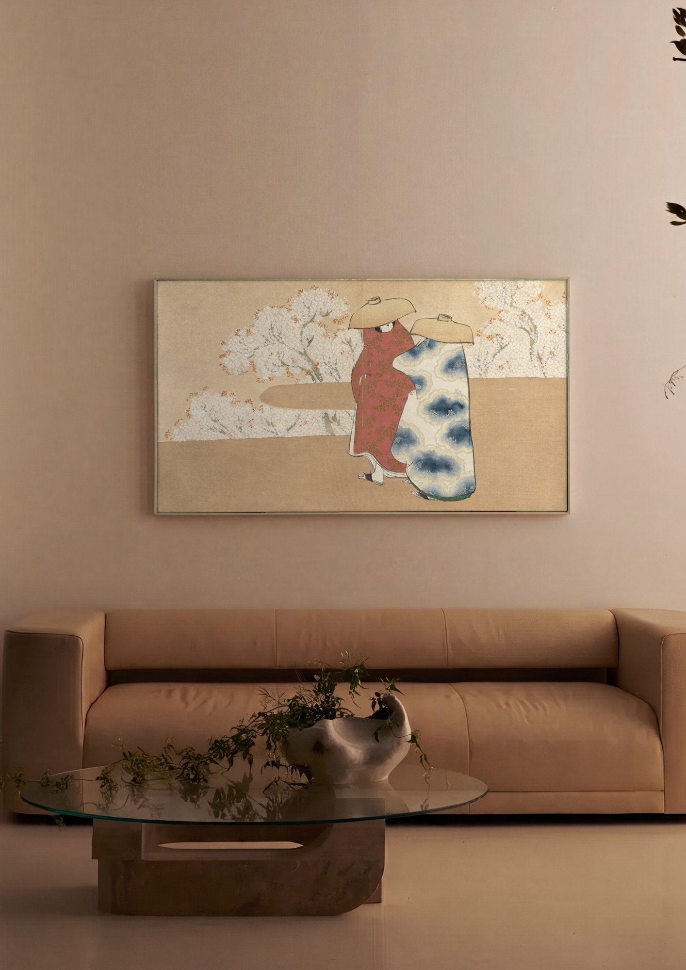 Quadro Decorativo Flores de Cerejeira e Figuras - Kamisaka Sekka em ambiente decorado