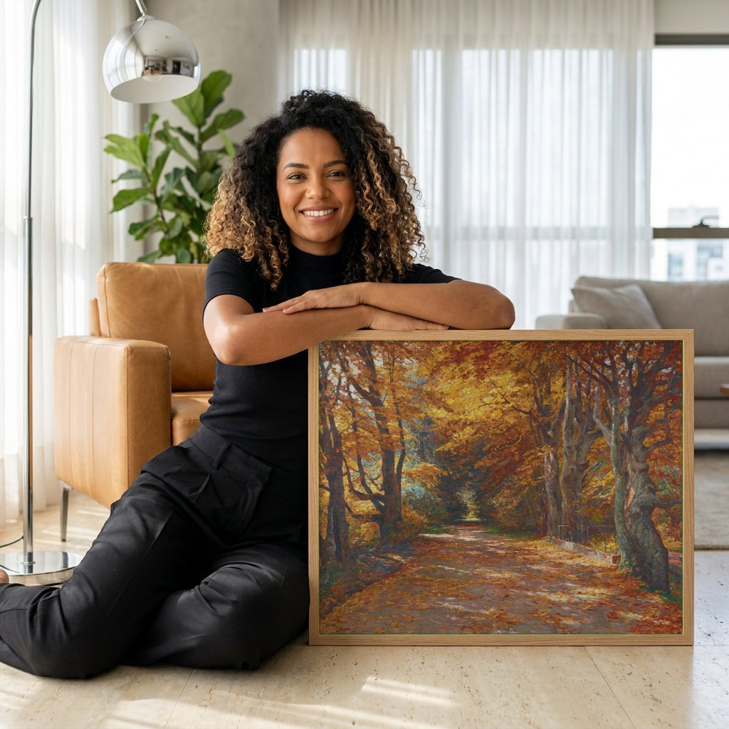 Quadro Decorativo Caminho de Outono - Olga Wisinger-Florian | modelo apresentando o quadro emoldurado
