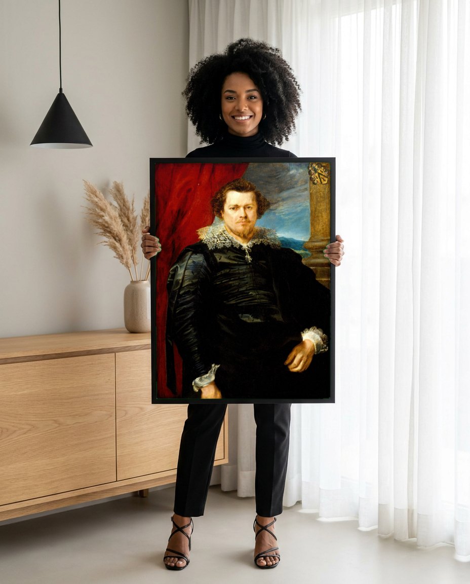 Quadro Decorativo Retrato de Nicholas Lanier - Van Dyck | modelo apresentando o quadro emoldurado