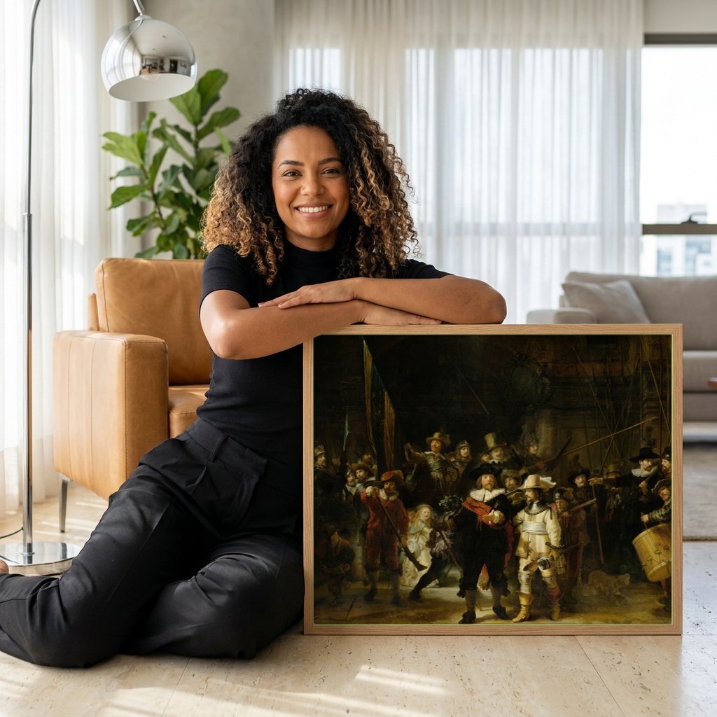 Quadro Decorativo A Ronda Noturna - Rembrandt | modelo apresentando o quadro emoldurado