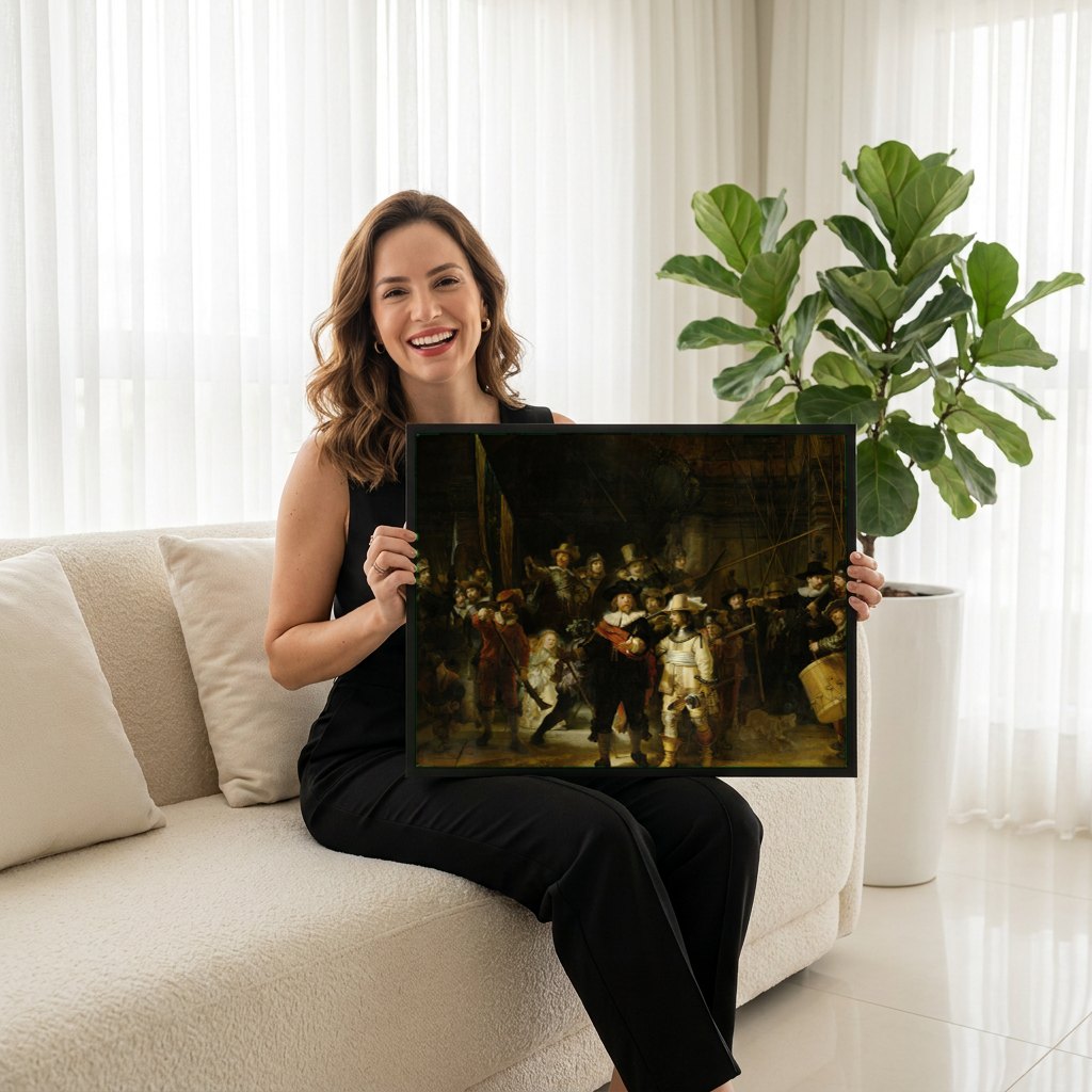 Quadro Decorativo A Ronda Noturna - Rembrandt | modelo apresentando o quadro emoldurado