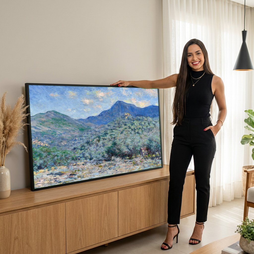 Quadro Decorativo Paisagem Mediterrânea - Claude Monet | modelo apresentando o quadro emoldurado