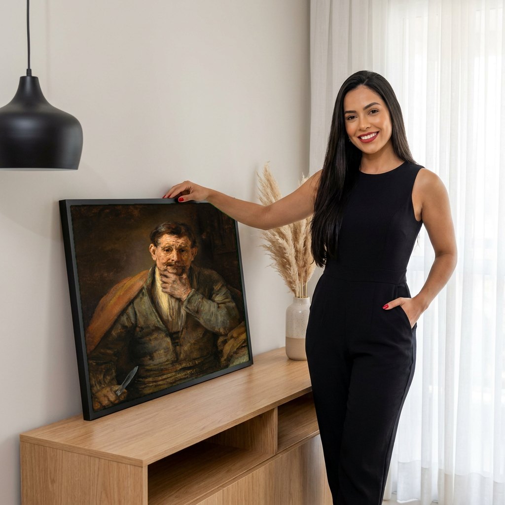 Quadro Decorativo Homem Pensativo - Rembrandt | modelo apresentando o quadro emoldurado