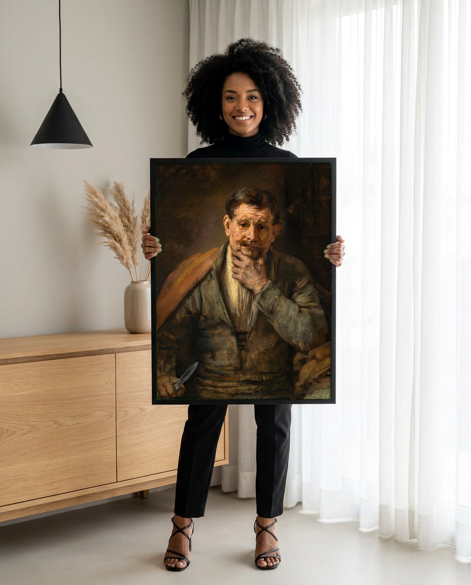 Quadro Decorativo Homem Pensativo - Rembrandt | modelo apresentando o quadro emoldurado