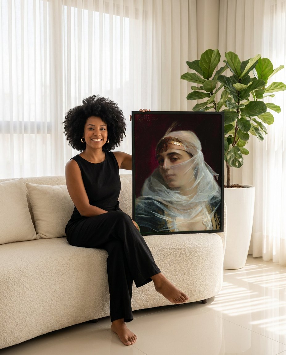Quadro Decorativo A Mulher Oriental (ou A Moça Velada) - Ralli | modelo apresentando o quadro emoldurado