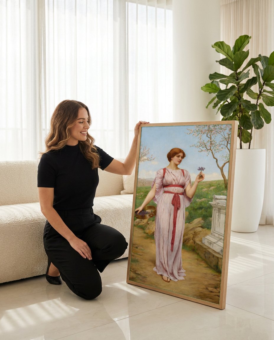 Quadro Decorativo A Oferta de Primavera - J. W. Godward | modelo apresentando o quadro emoldurado