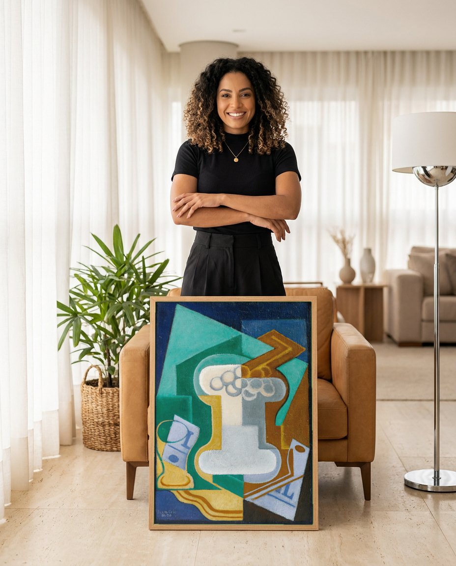 Quadro Decorativo Natureza-Morta Cubista - Juan Gris | modelo apresentando o quadro emoldurado