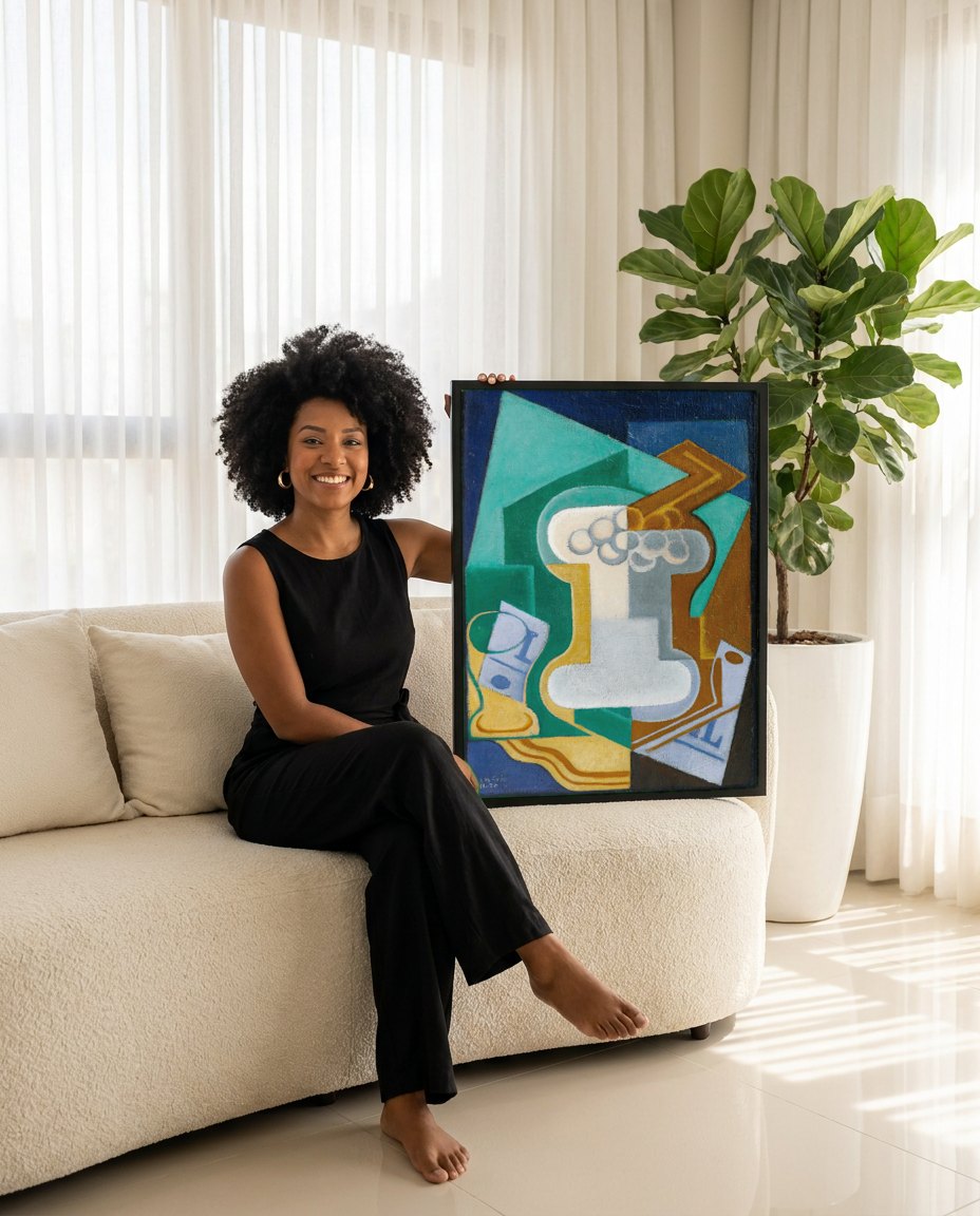 Quadro Decorativo Natureza-Morta Cubista - Juan Gris | modelo apresentando o quadro emoldurado