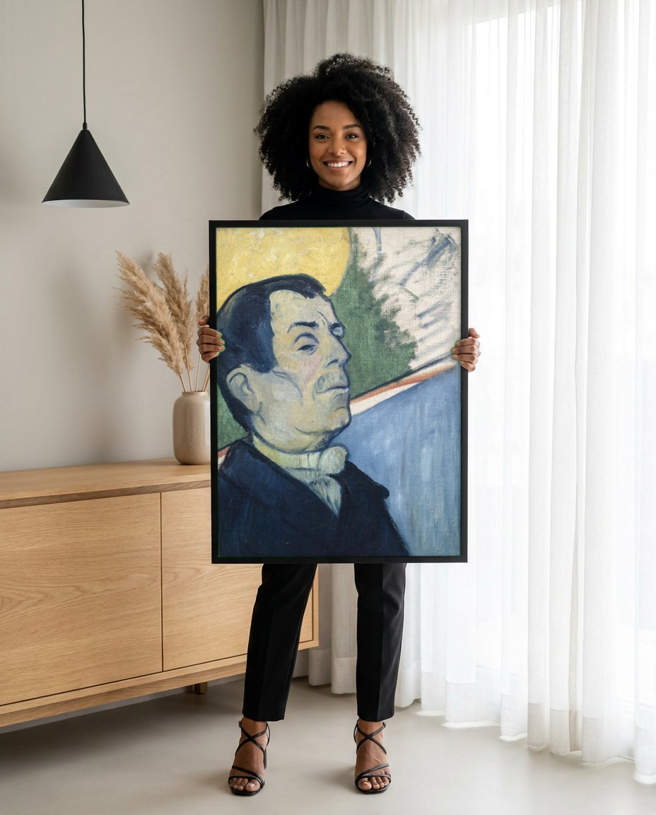Quadro Decorativo Retrato de Meyer de Haan - Paul Gauguin | modelo apresentando o quadro emoldurado