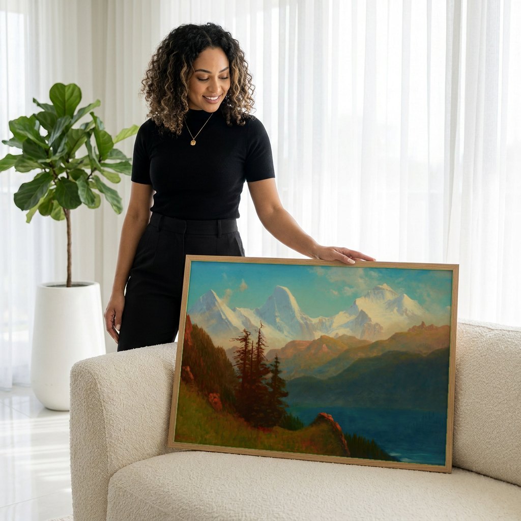 Quadro Decorativo Montanhas Nevadas e Lago - Albert Bierstadt | modelo apresentando o quadro emoldurado