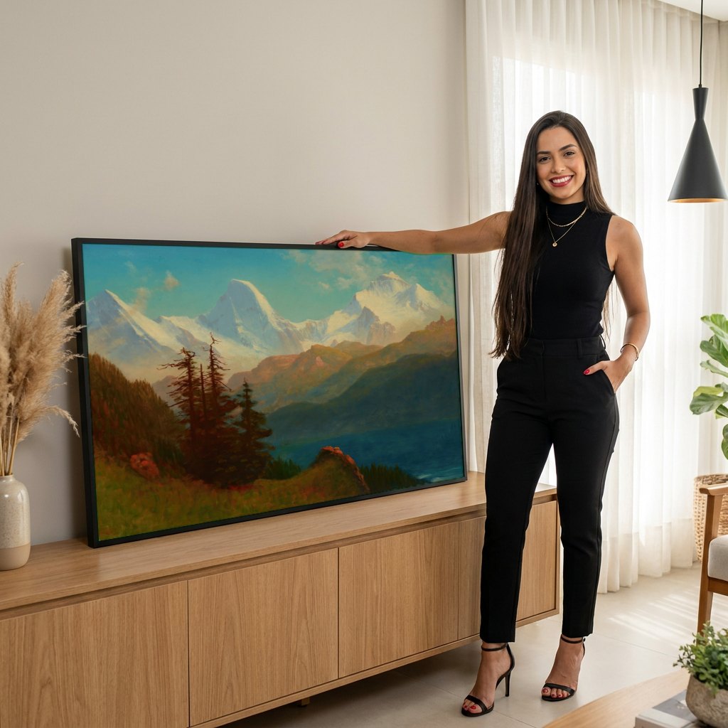 Quadro Decorativo Montanhas Nevadas e Lago - Albert Bierstadt | modelo apresentando o quadro emoldurado