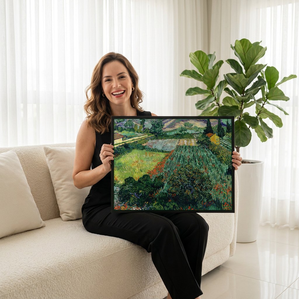 Quadro Decorativo Vista de Saint-Rémy - Van Gogh | modelo apresentando o quadro emoldurado