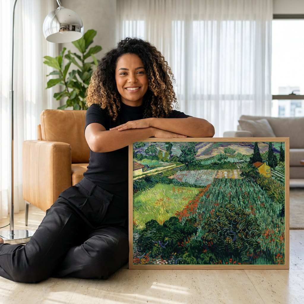 Quadro Decorativo Vista de Saint-Rémy - Van Gogh | modelo apresentando o quadro emoldurado