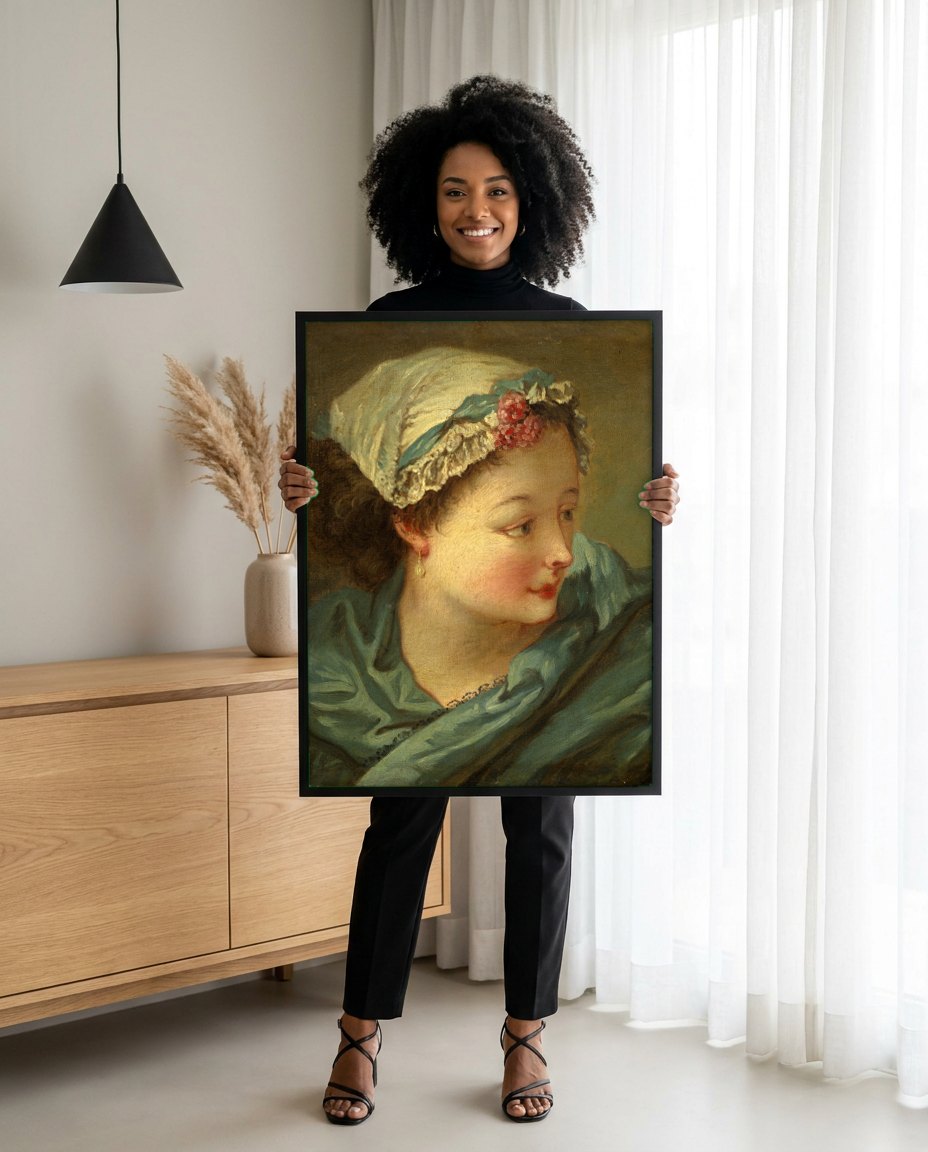 Quadro Decorativo A Jovem Cozinheira - François Boucher | modelo apresentando o quadro emoldurado