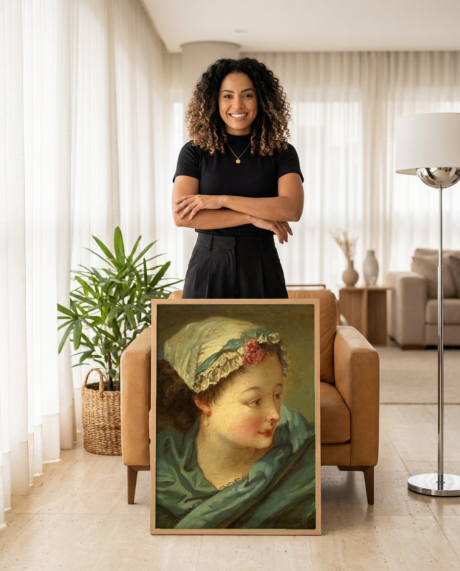 Quadro Decorativo A Jovem Cozinheira - François Boucher | modelo apresentando o quadro emoldurado