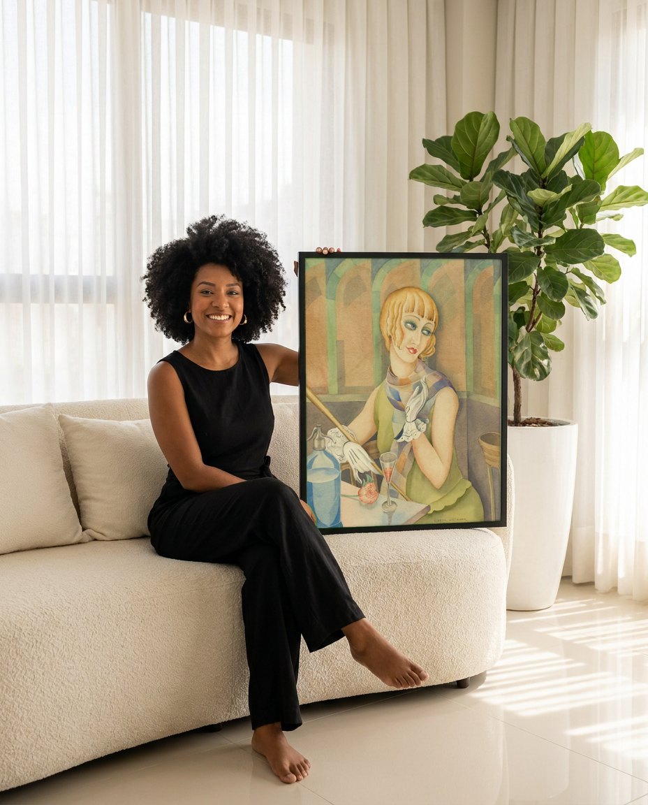 Quadro Decorativo A Dama do Sifão - Gerda Wegener | modelo apresentando o quadro emoldurado