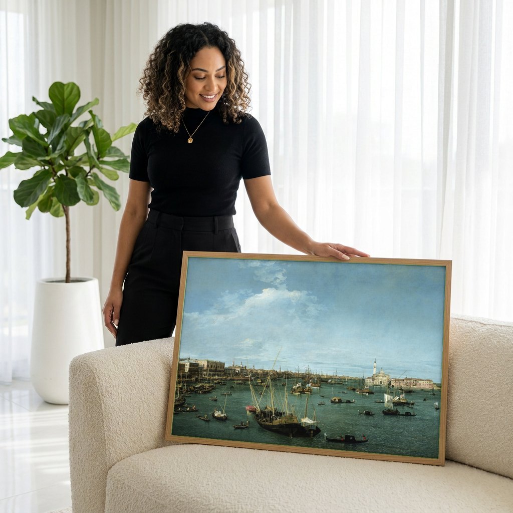 Quadro Decorativo 'A Lagoa de Veneza' - Canaletto | modelo apresentando o quadro emoldurado
