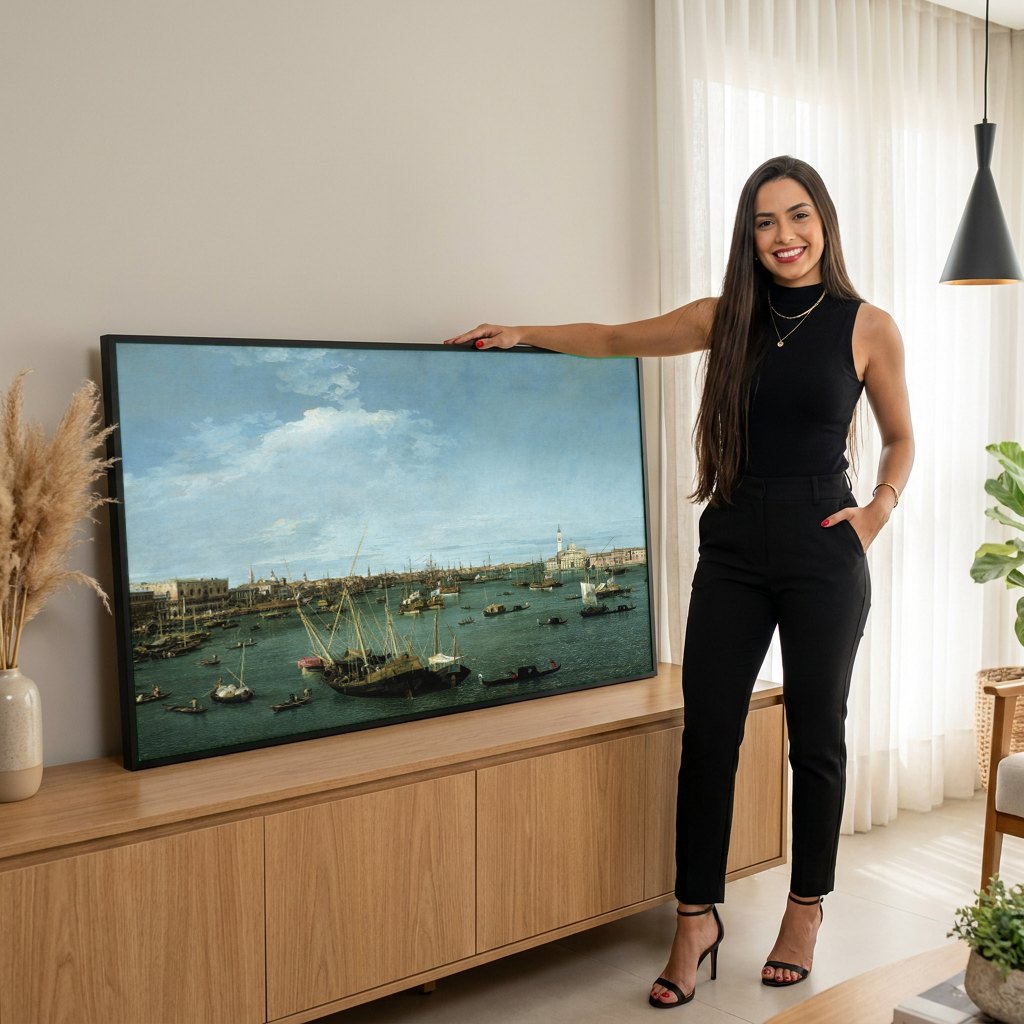 Quadro Decorativo 'A Lagoa de Veneza' - Canaletto | modelo apresentando o quadro emoldurado