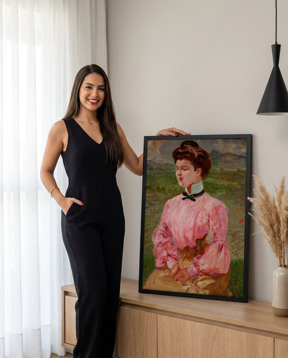 Quadro Decorativo Moça em Cor de Rosa - Jacek Malczewski | modelo apresentando o quadro emoldurado