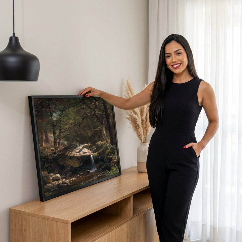 Quadro Decorativo Floresta com Cachoeira - Albert Bierstadt | modelo apresentando o quadro emoldurado