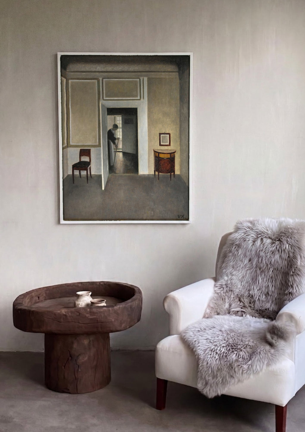 Quadro Decorativo Interior com Mulher Varrrendo - Vilhelm Hammershøi | quadro emoldurado na parede