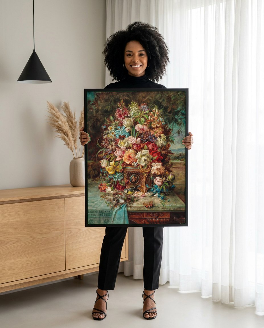 Quadro Decorativo Cesto de Flores Abundante - Hans Zatzka | modelo apresentando o quadro emoldurado