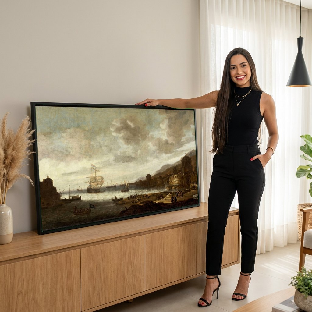 Quadro Decorativo Porto com Navios - Jan Abrahamsz Beerstraaten | modelo apresentando o quadro emoldurado