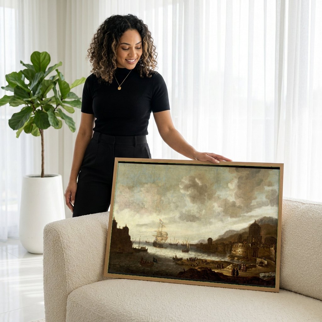 Quadro Decorativo Porto com Navios - Jan Abrahamsz Beerstraaten | modelo apresentando o quadro emoldurado