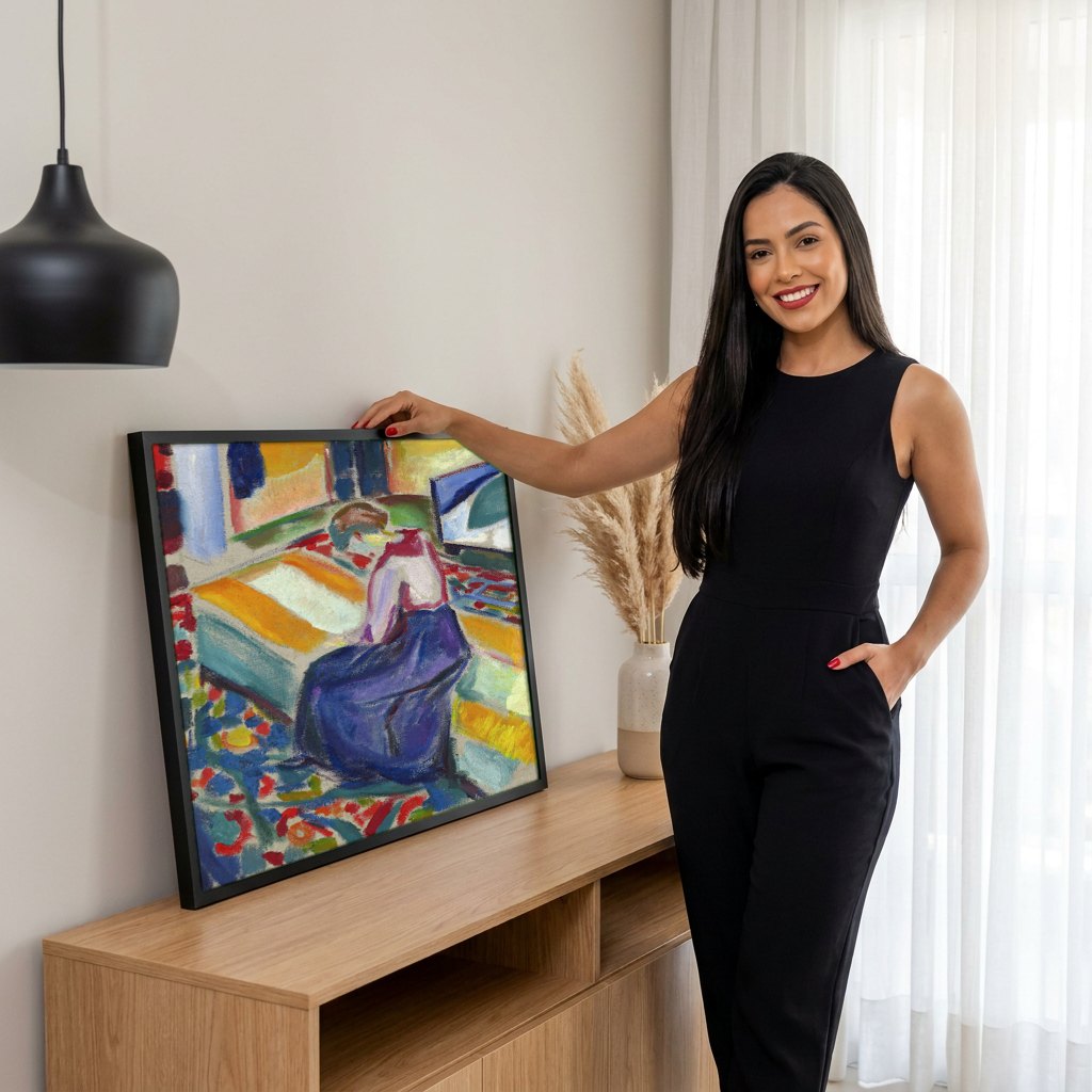 Quadro Decorativo A Mesa de Costura - Edvard Munch | modelo apresentando o quadro emoldurado