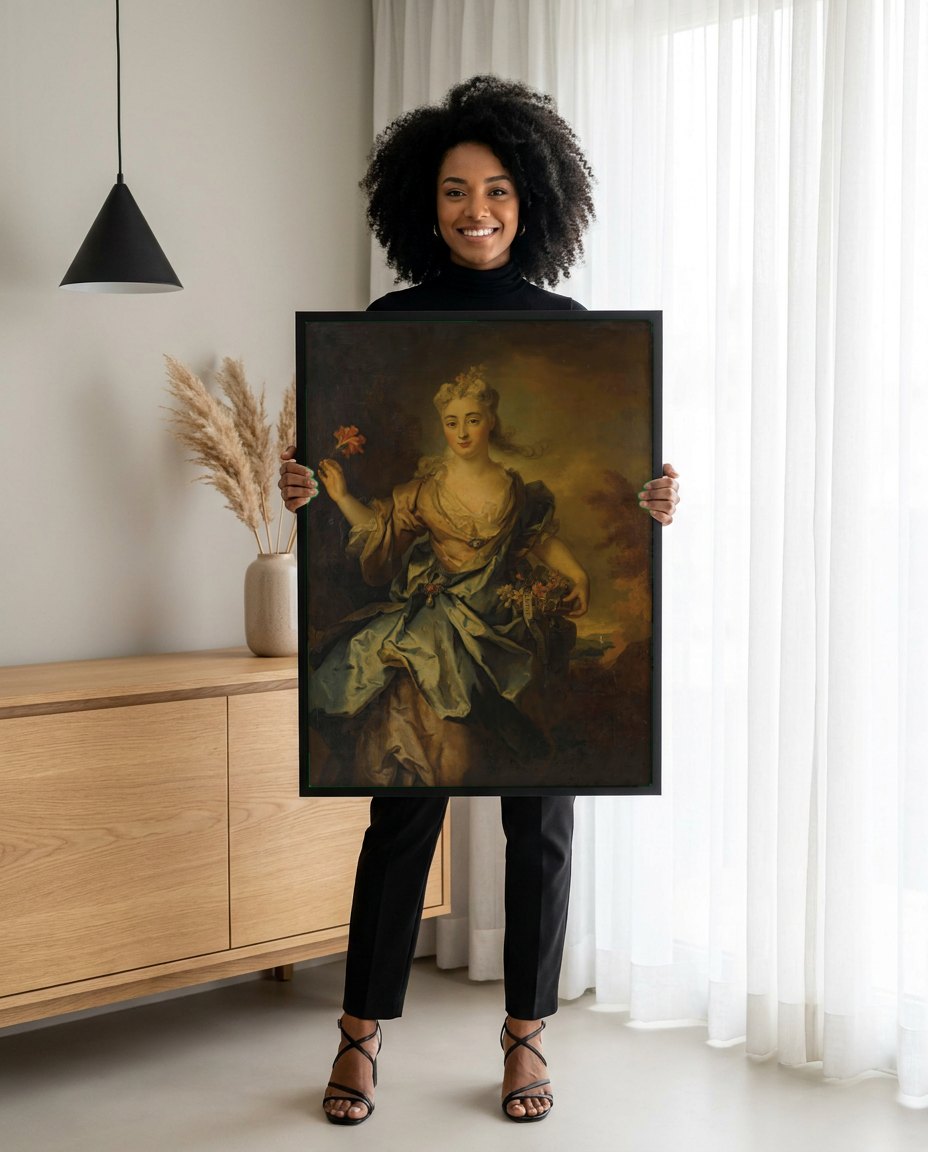 Quadro Decorativo Alegoria da Primavera - Largillière | modelo apresentando o quadro emoldurado