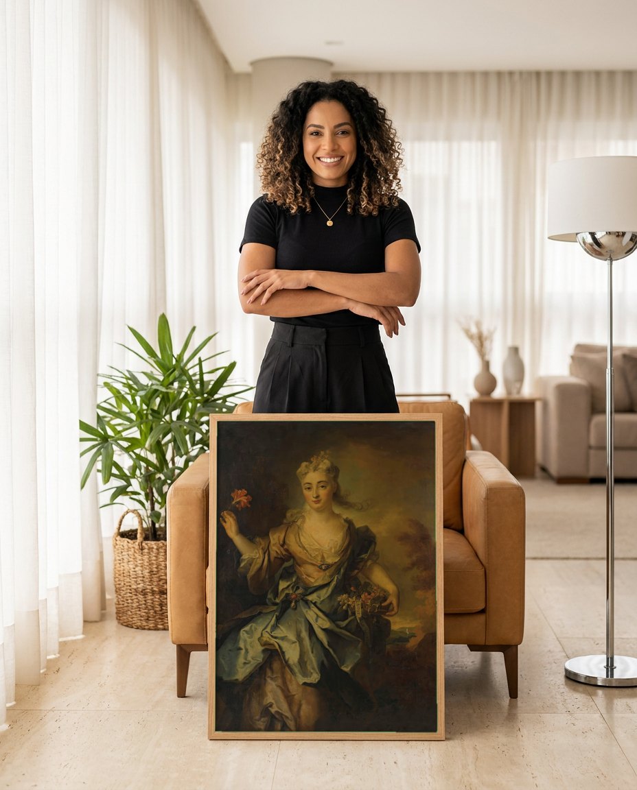 Quadro Decorativo Alegoria da Primavera - Largillière | modelo apresentando o quadro emoldurado