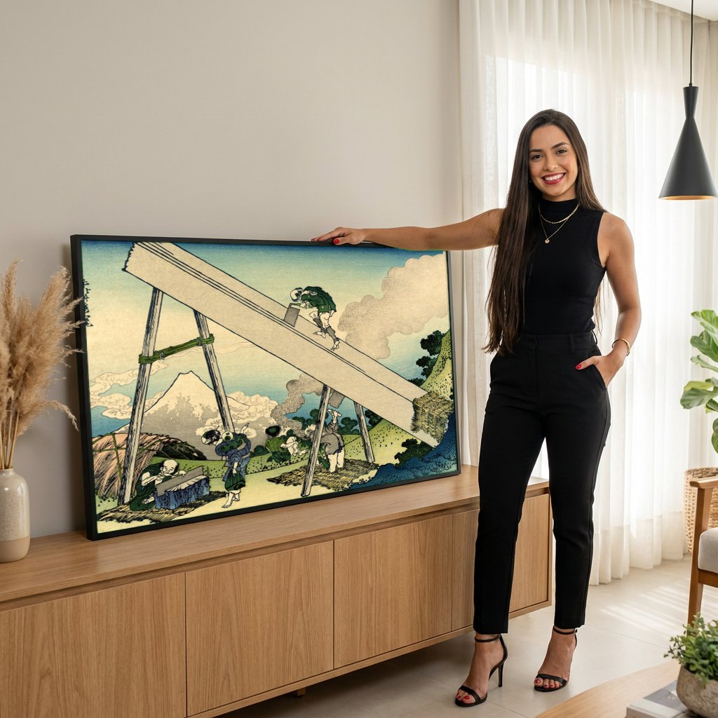 Quadro Decorativo A Serração de Madeira - Hokusai | modelo apresentando o quadro emoldurado