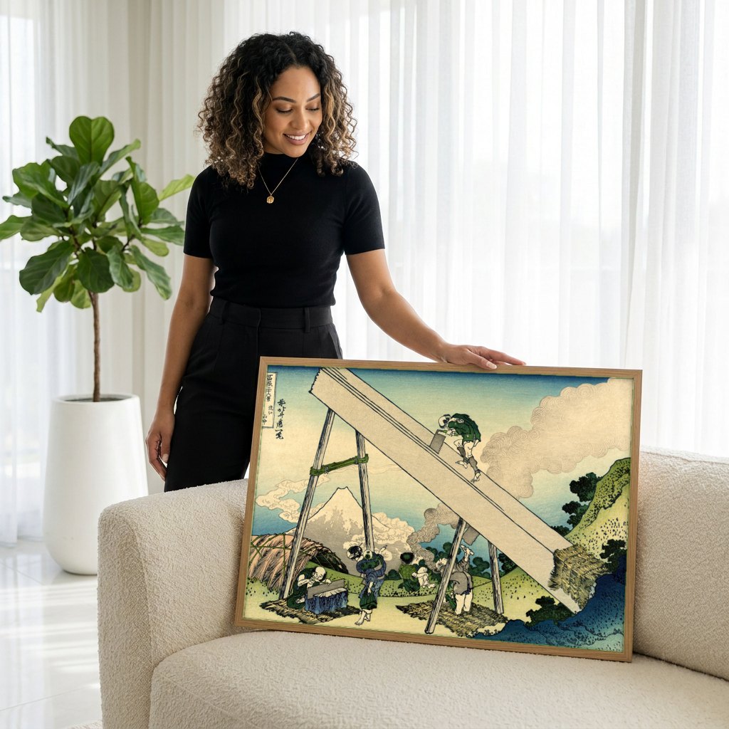 Quadro Decorativo A Serração de Madeira - Hokusai | modelo apresentando o quadro emoldurado