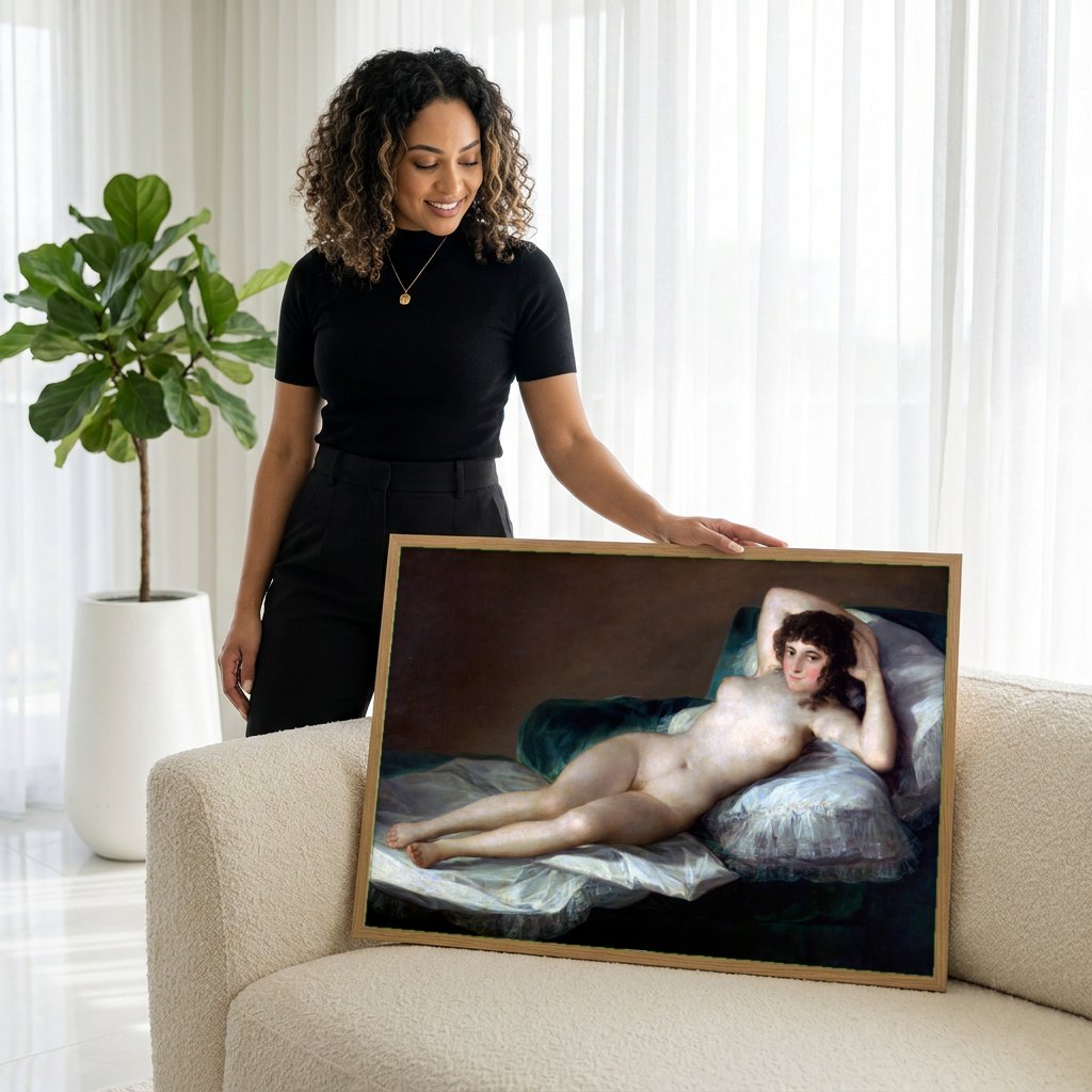 Quadro Decorativo A Maja Nua - Goya | modelo apresentando o quadro emoldurado