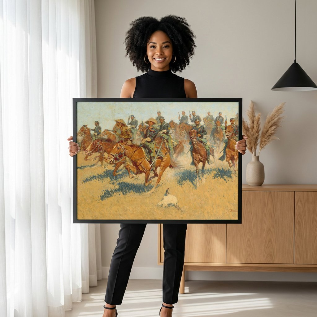Quadro Decorativo A Carga da Cavalaria - Frederic Remington com modelo em ambiente