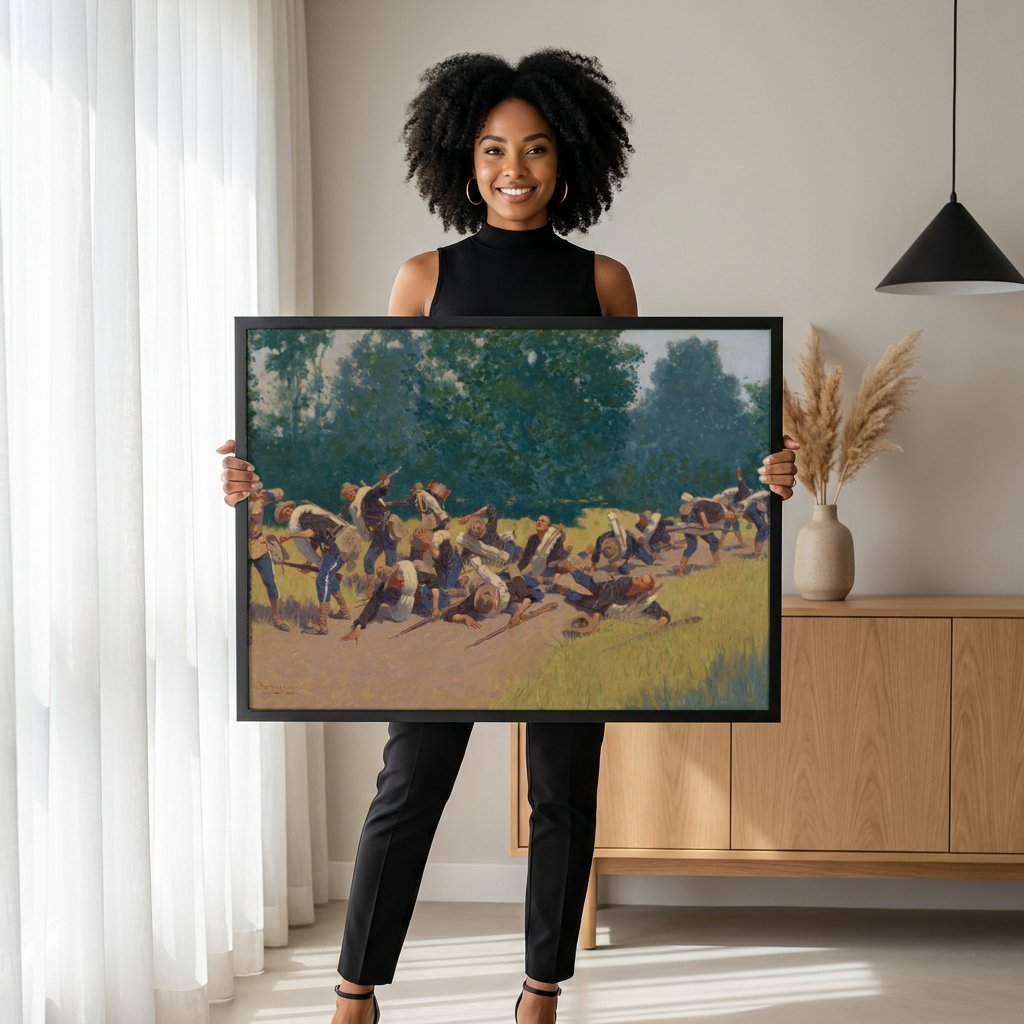 Quadro Decorativo A Carga da Cavalaria - Frederic Remington com modelo em ambiente