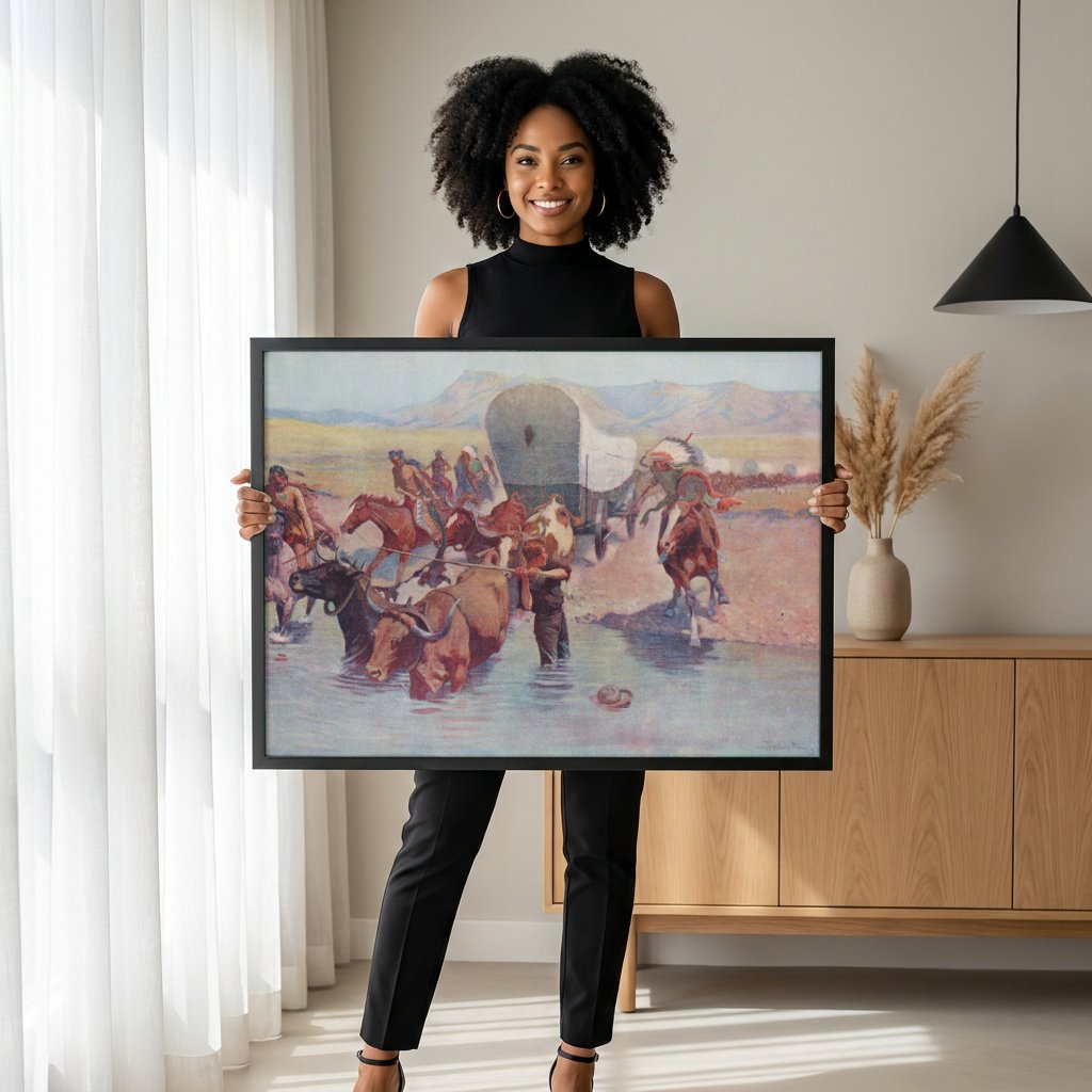 Quadro Decorativo A Travessia Perigosa - Frederic Remington com modelo em ambiente