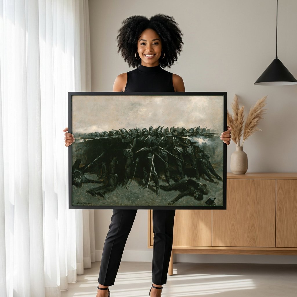 Quadro Decorativo A Carga da Cavalaria - Frederic Remington com modelo em ambiente