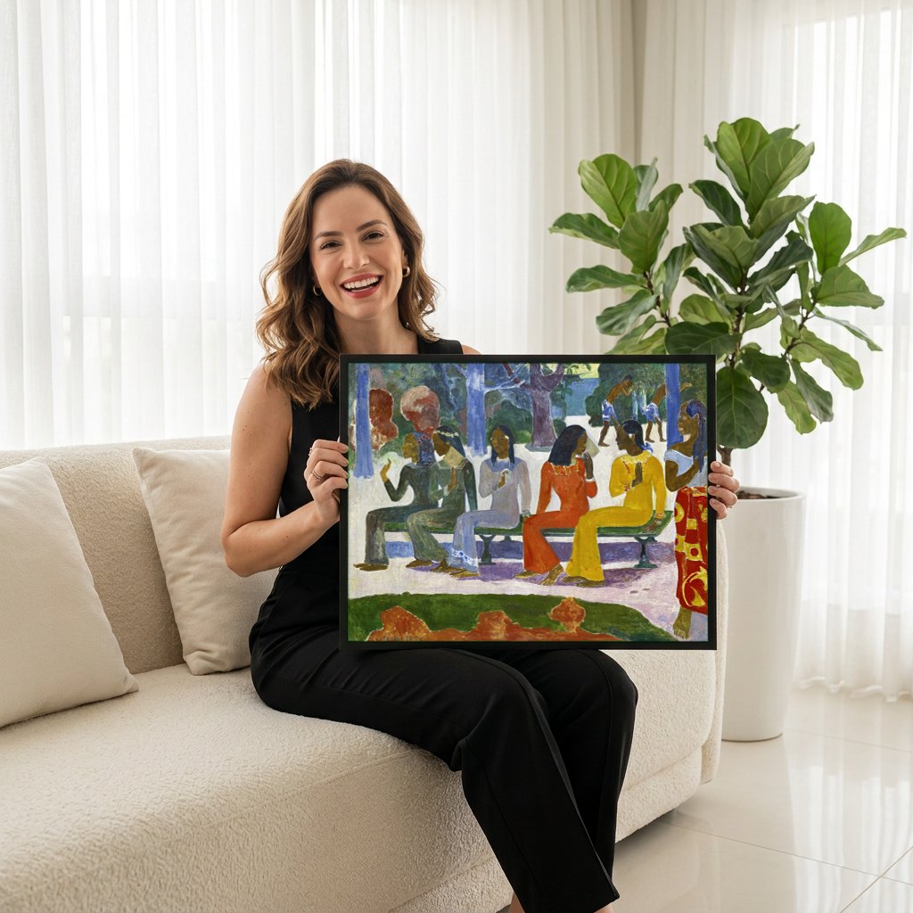 Quadro Decorativo Ta Matete (O Mercado) - Gauguin | modelo apresentando o quadro emoldurado