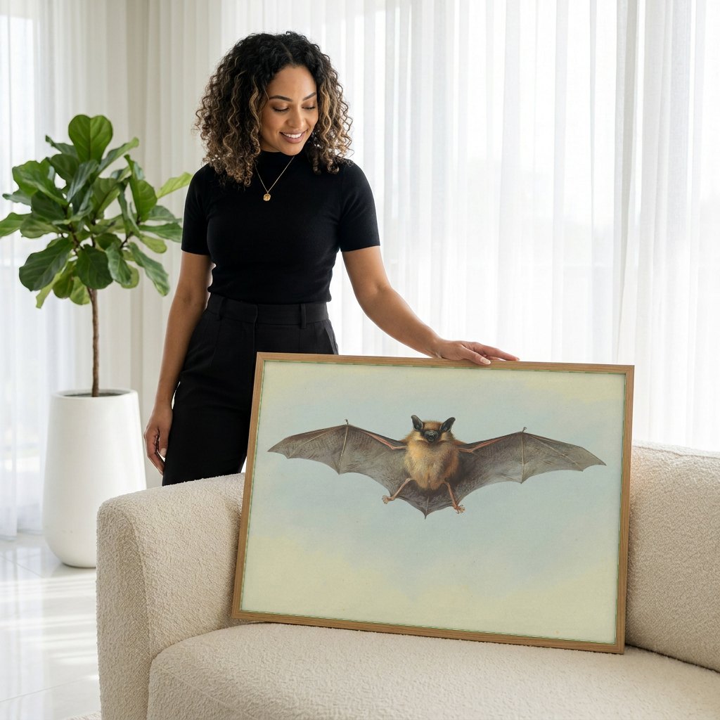 Quadro Decorativo Morcego em Voo - Archibald Thorburn | modelo apresentando o quadro emoldurado