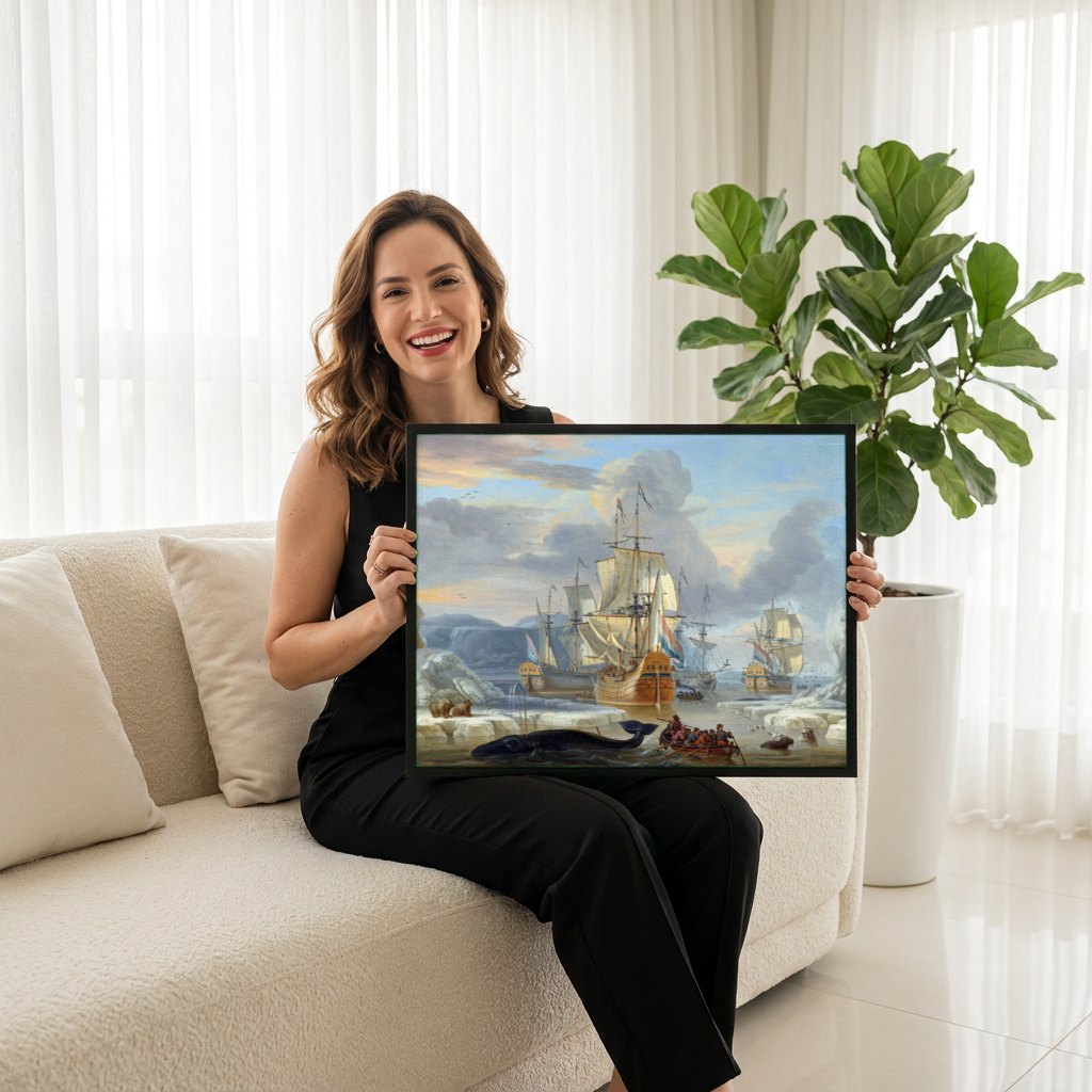 Quadro Decorativo A Caça à Baleia - Abraham Storck | modelo apresentando o quadro emoldurado