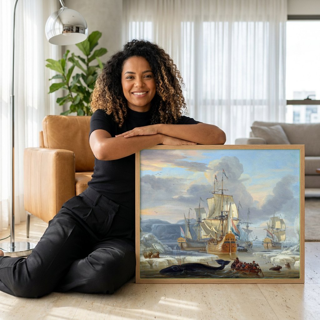 Quadro Decorativo A Caça à Baleia - Abraham Storck | modelo apresentando o quadro emoldurado