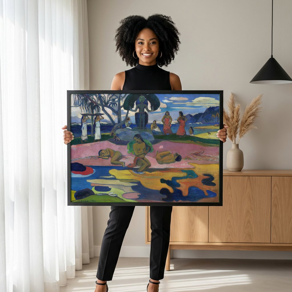 Quadro Decorativo Mahana no Atua - Paul Gauguin | modelo apresentando o quadro emoldurado