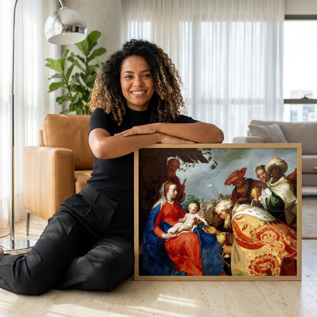 Quadro Decorativo A Adoração dos Magos - Abraham Bloemaert | modelo apresentando o quadro emoldurado