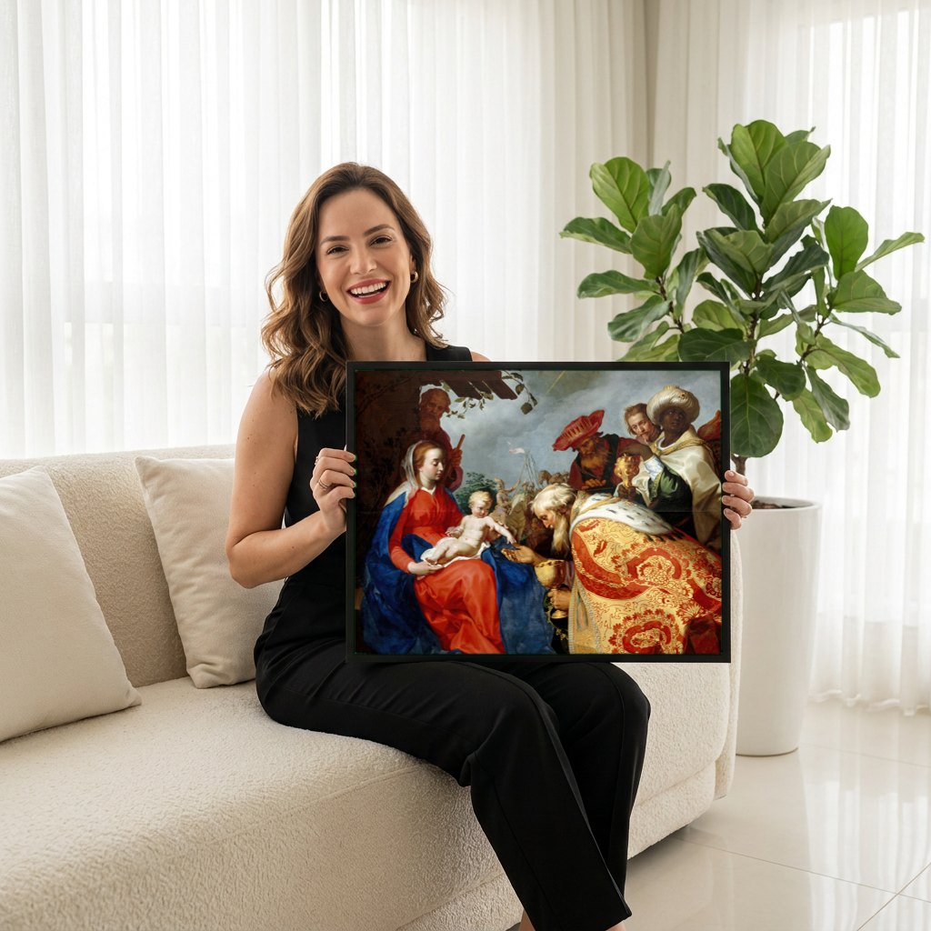 Quadro Decorativo A Adoração dos Magos - Abraham Bloemaert | modelo apresentando o quadro emoldurado