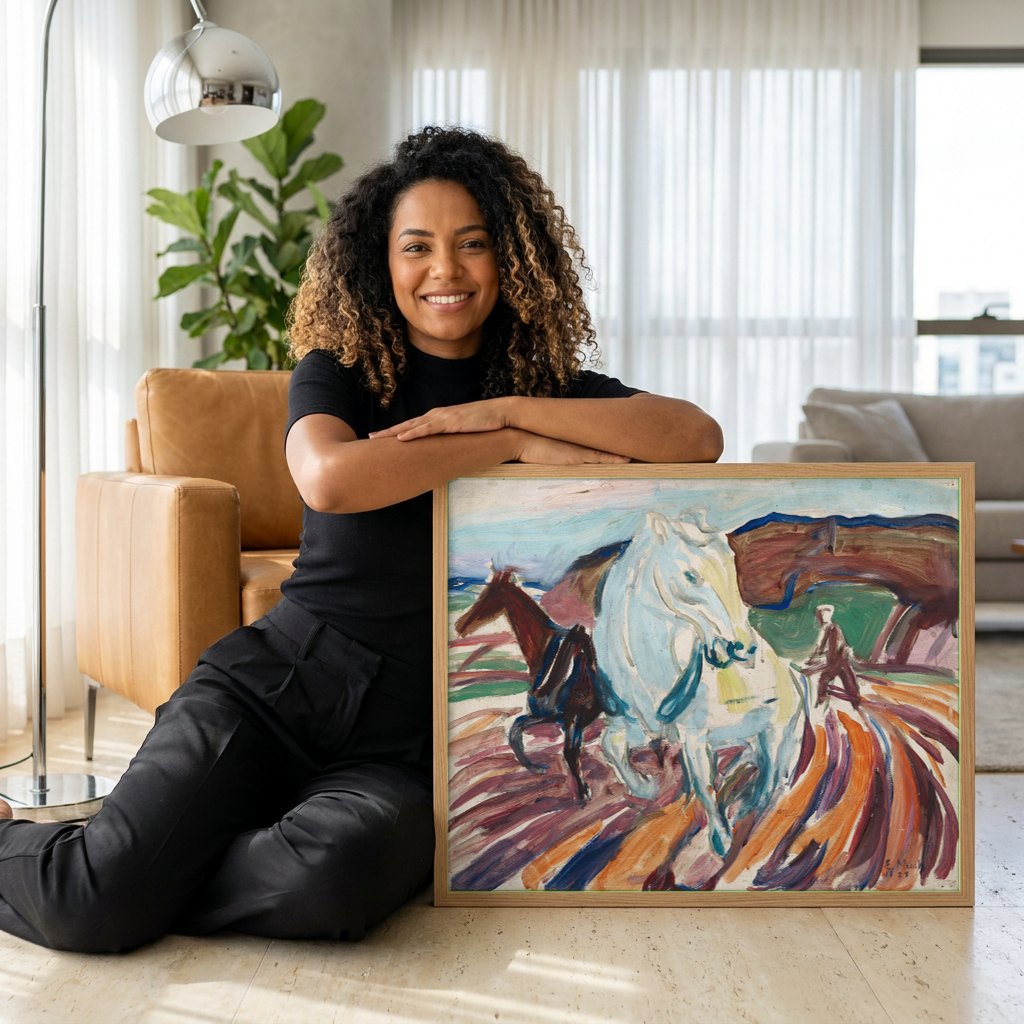 Quadro Decorativo Cavalos Selvagens - Edvard Munch | modelo apresentando o quadro emoldurado